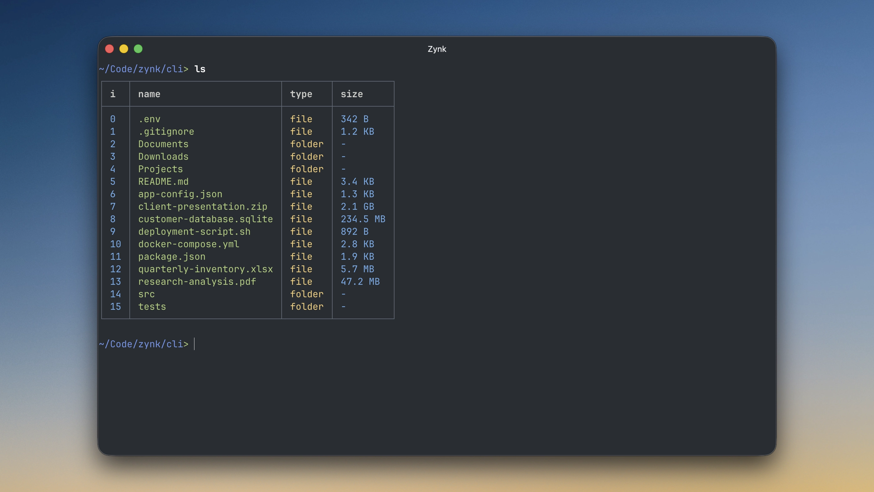 Zynk terminal file listing