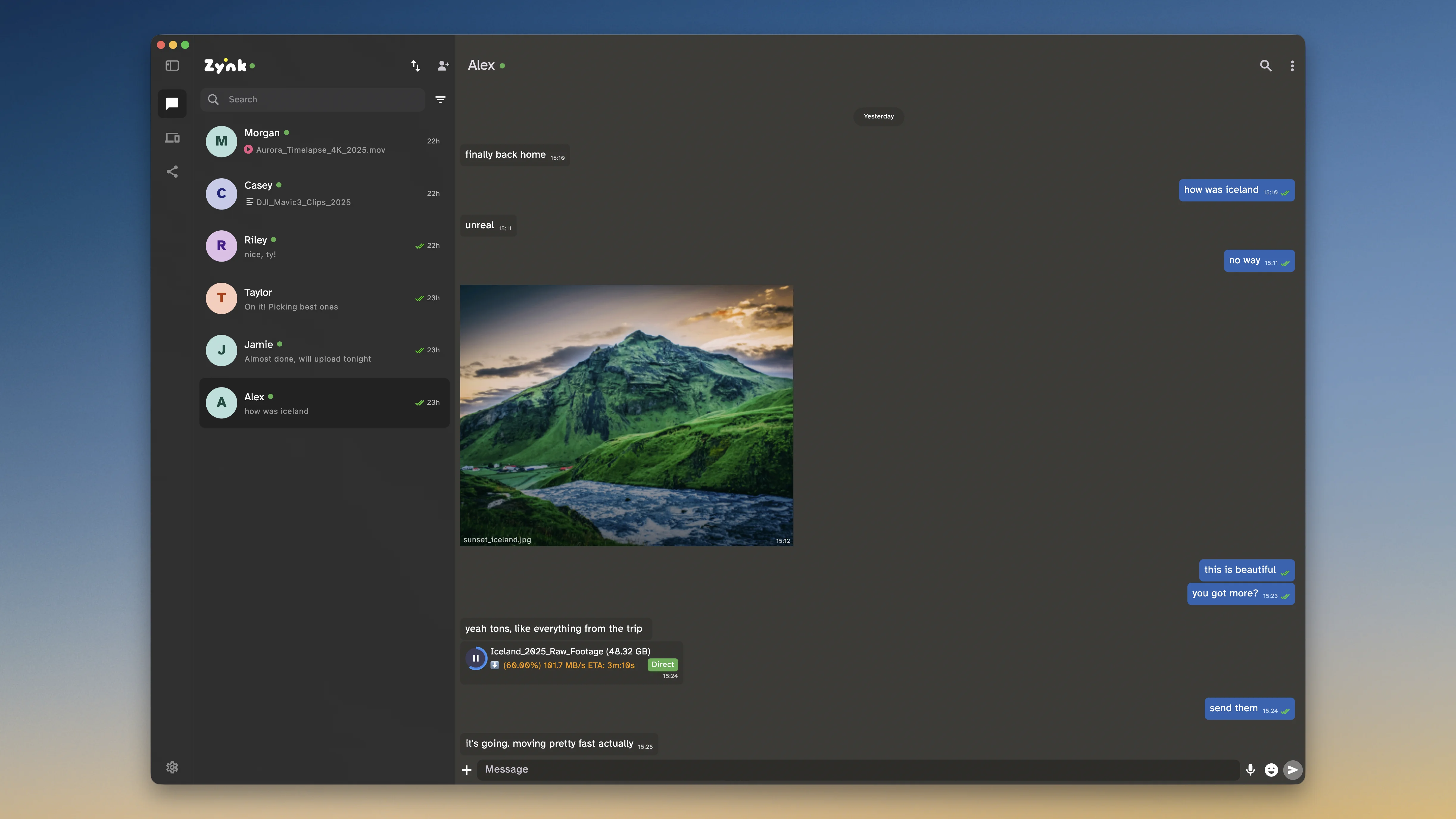 Zynk UI interface showing file transfer in action